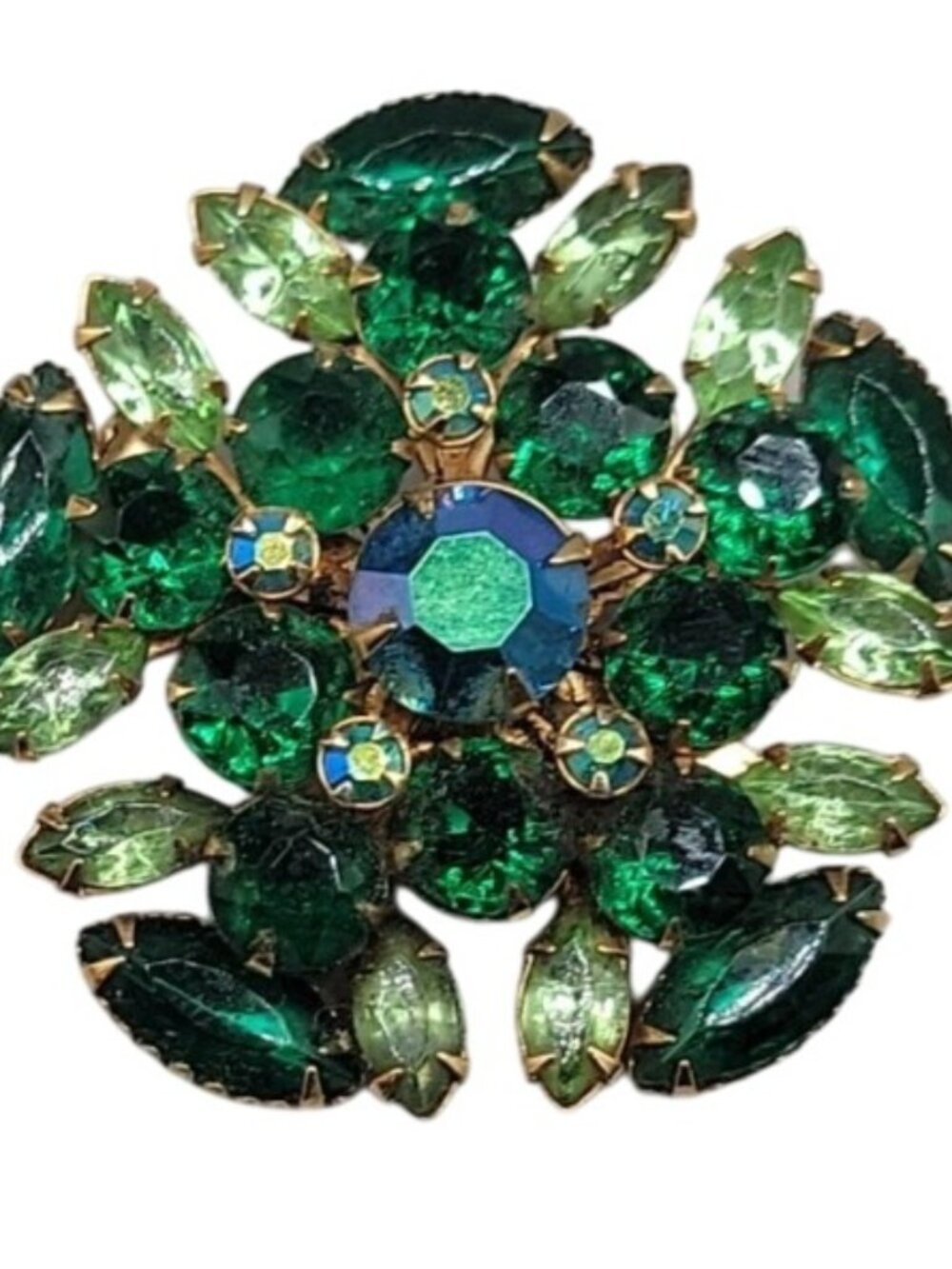 Juliana D&E Green Starburst Brooch Emerald & Peridot Navette Rhinestones Vintage